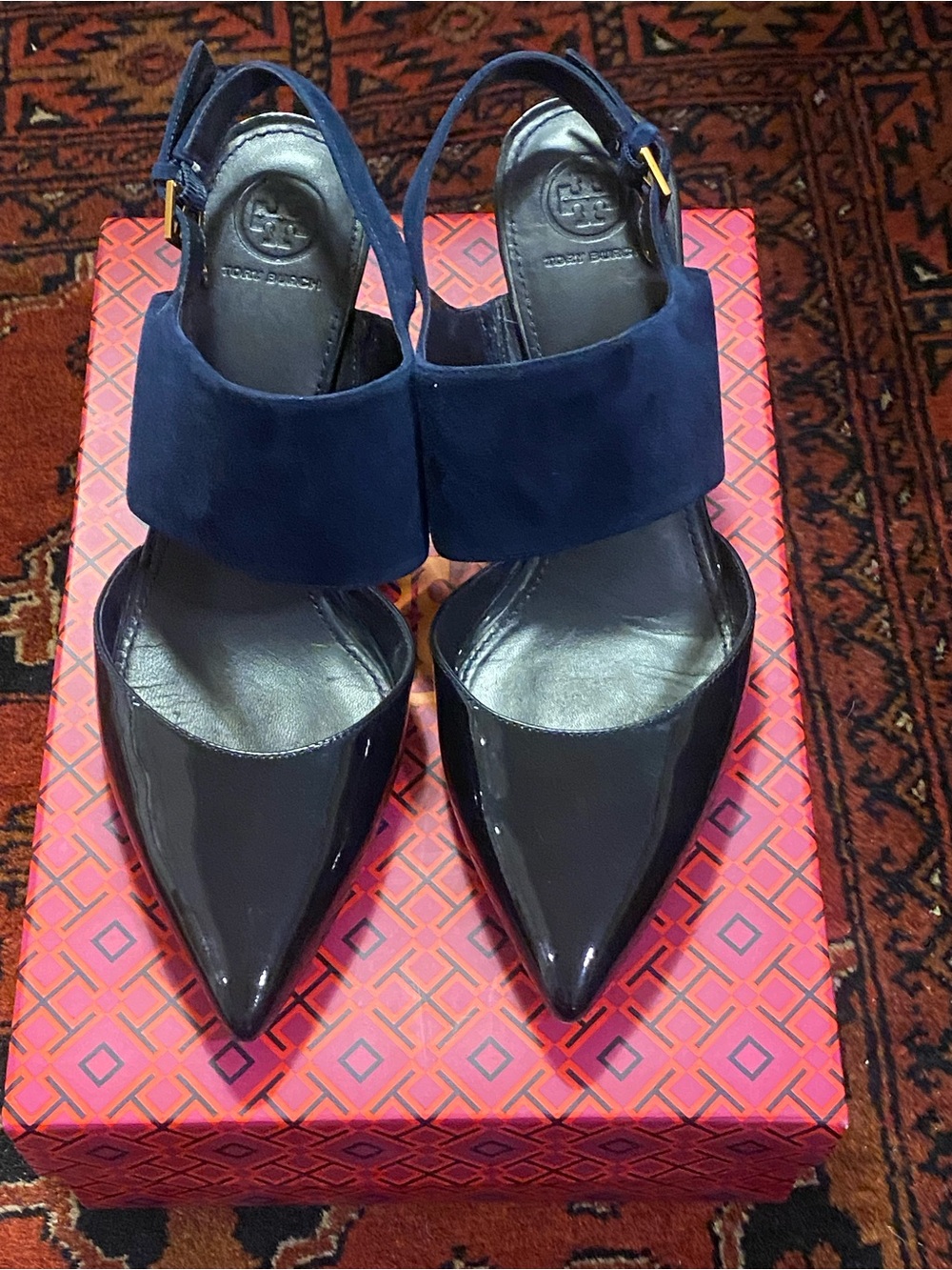 Tory Burch Ashton Navy Pointed Patent & Suede Slingback Heels